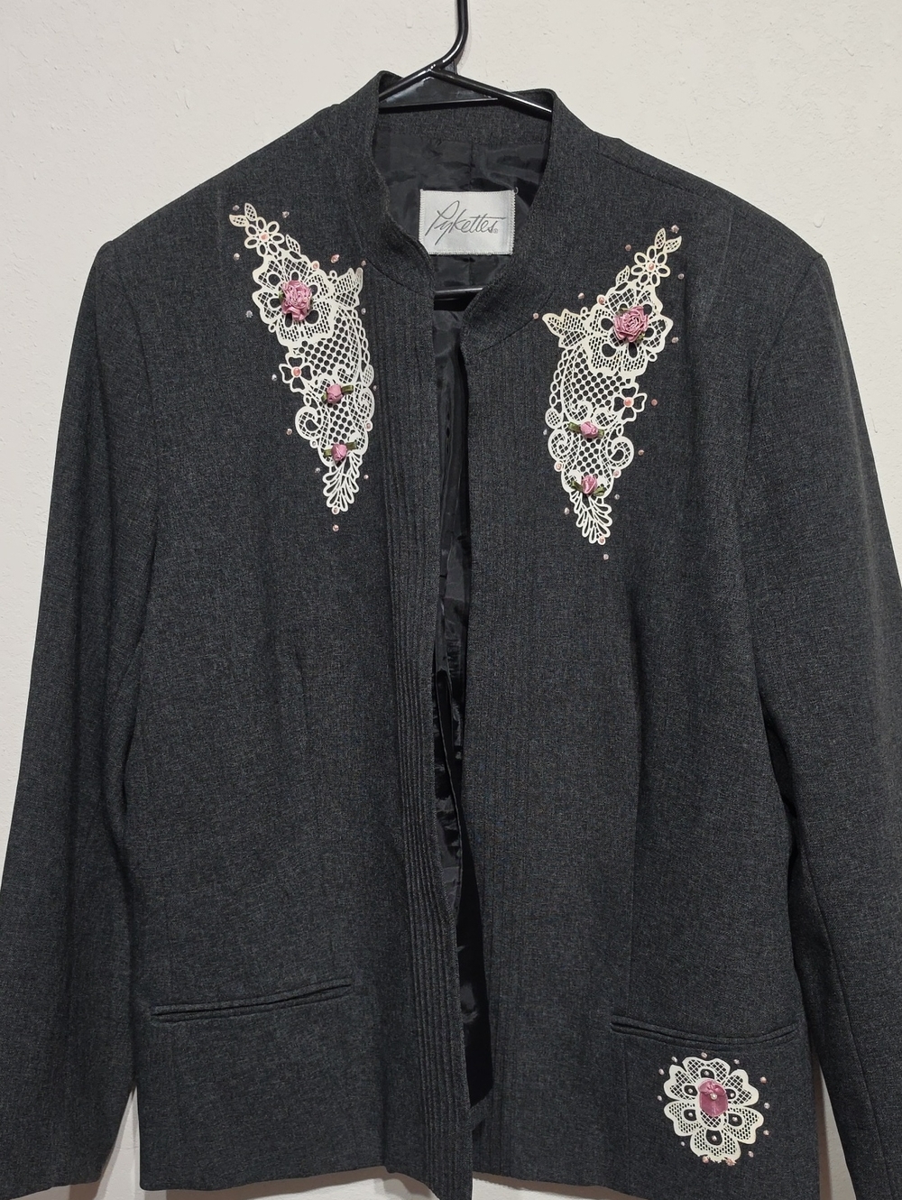 Vintage Alette Charcoal Embroidered Blazer with Pink Lace Accents